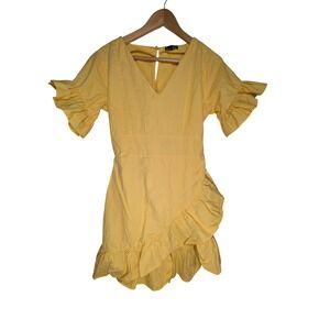 Bardot Womens Yellow Cotton Ruffle Mini Dress V-Neck Wrap Skirt Size M IN1240